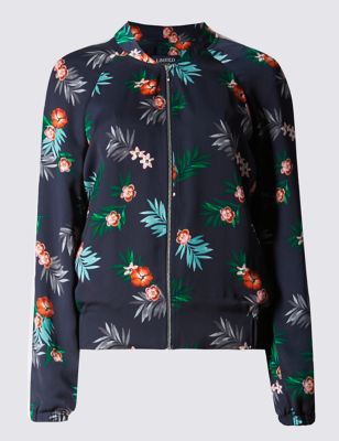 Loose Fit Tropical Floral Bomber Jacket